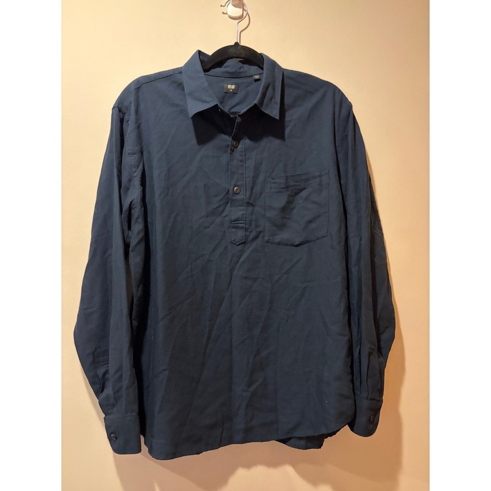 Uniqlo Mens Blue Popover 1/4 Button Med Cotton Long Sleeve Shirt Normcore Basic